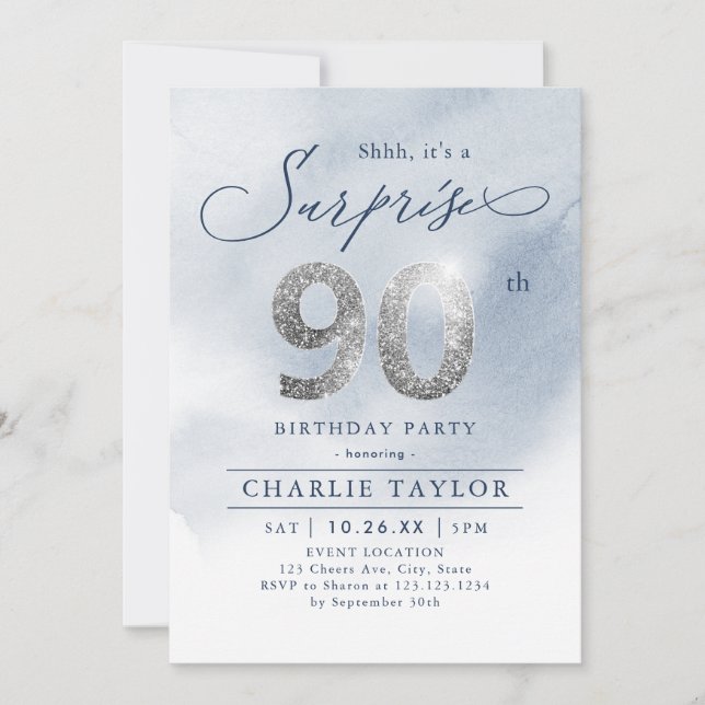 Modern silver glitter adult surprise 90th birthday invitation (Front)