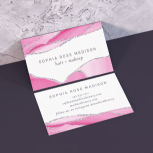 Modern Silver Glitter Agate Pink Watercolor Business Card