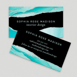Modern Silver Glitter Agate Teal Watercolor Black Business Card