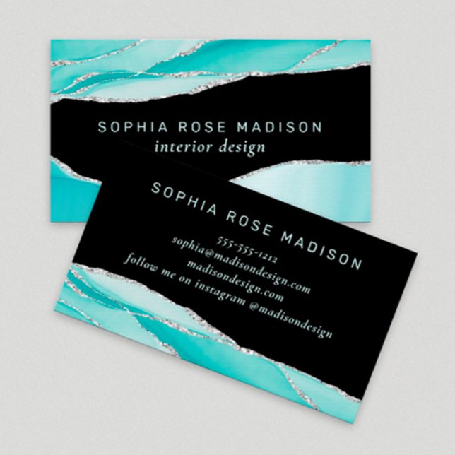 Modern Silver Glitter Agate Teal Watercolor Black Business Card (Creator Uploaded)