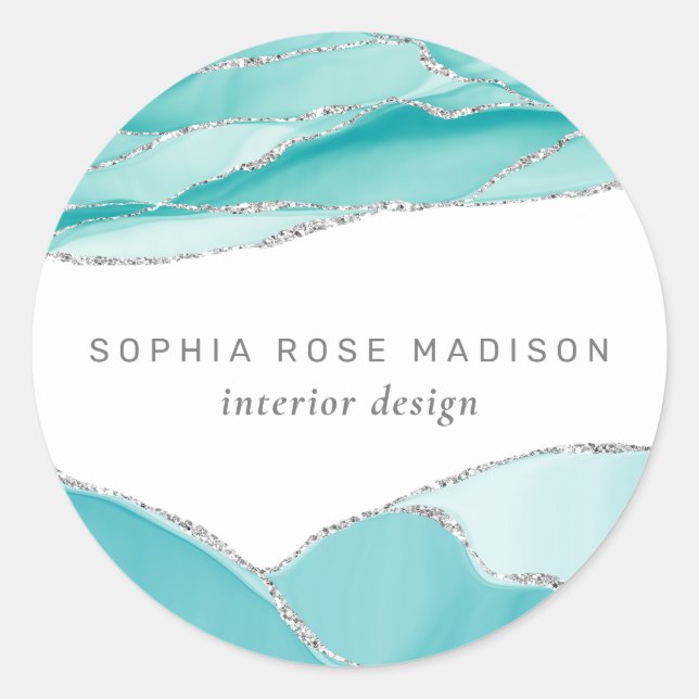 Modern Silver Glitter Agate Teal Watercolor Classic Round Sticker (Front)