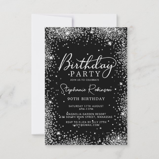Modern Silver Glitter and Black 90th Birthday  Invitation (Front)