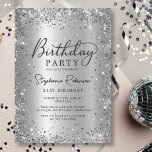 Modern Silver Glitter and Metal 21st Birthday  Invitation<br><div class="desc">Celebrate your milestone with this chic Silver Glitter and Metal 21st Birthday Invitation. Featuring a sparkling faux silver glam glitter frame around on silver grey faux brushed metallic foil look background, the design is enhanced by elegant handwritten calligraphy for a feminine touch. Fully customisable for any age, it’s perfect for...</div>