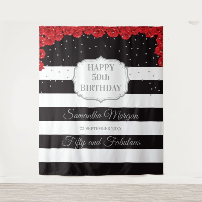 Modern silver glitter and red roses birthday tapestry (Front)