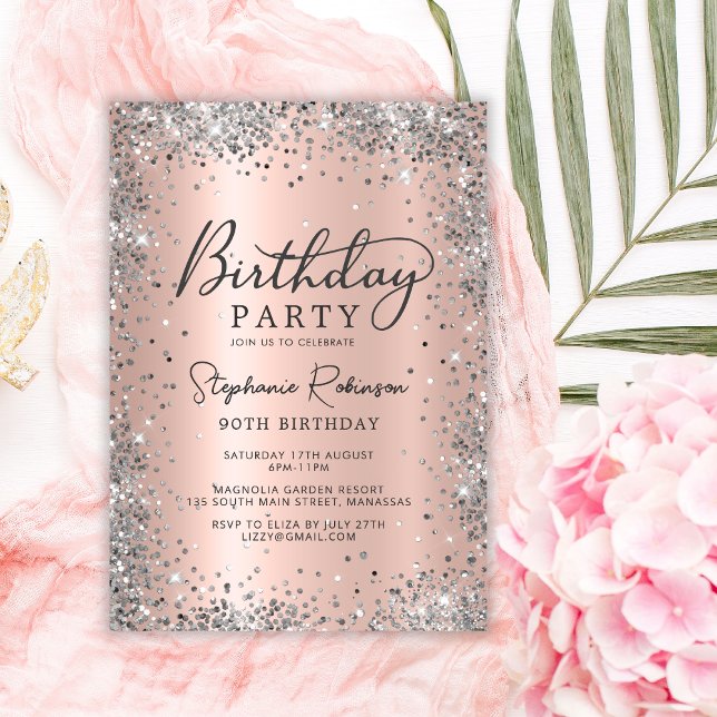Modern Silver Glitter and Rose Gold 90th Birthday  Invitation (Creator Uploaded)