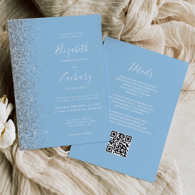 Modern Silver Glitter Baby Blue QR Code Wedding Invitation (Creator Uploaded)