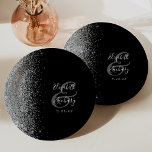 Modern Silver Glitter Black Wedding Paper Plate<br><div class="desc">These elegant modern wedding plates feature a silver faux glitter edge. Easily customise the silver grey text on a black background,  with the names of the couple in whimsical handwriting calligraphy over a large ampersand.</div>