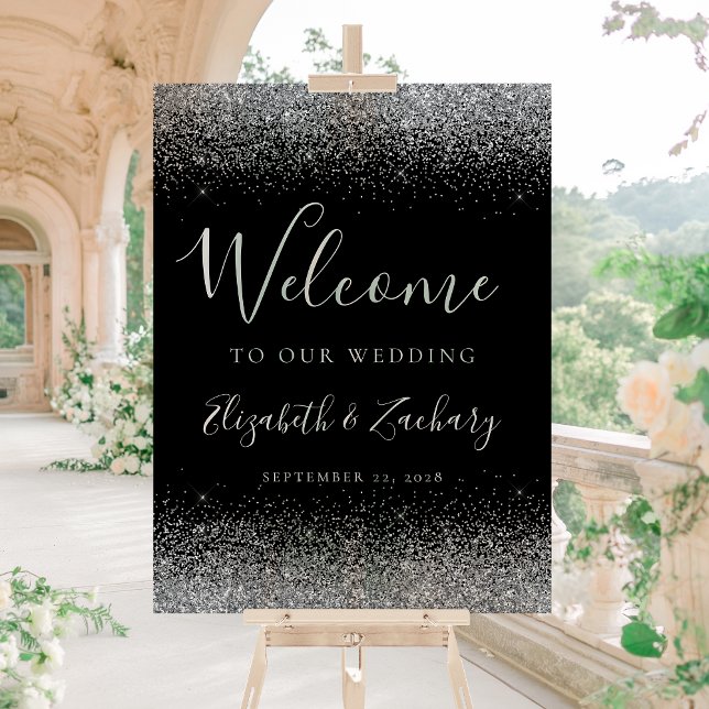 Modern Silver Glitter Black Wedding Welcome Acrylic Sign (Creator Uploaded)