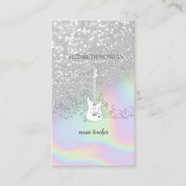 Modern Silver Glitter Bokeh, Guitar,Holographic Business Card (Front)