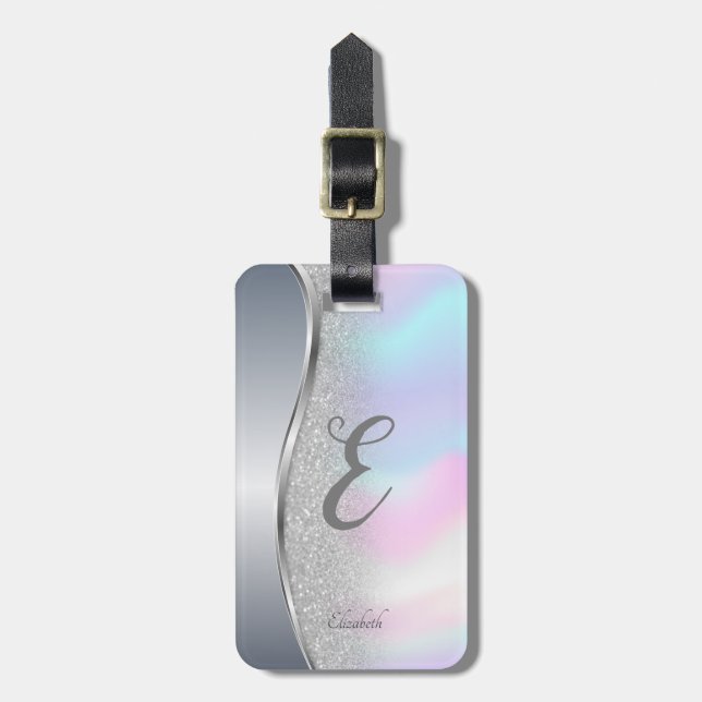 Modern Silver Glitter Bokeh,Holographic, Monogram Luggage Tag (Front Vertical)