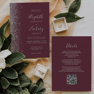 Modern Silver Glitter Burgundy QR Code Wedding Invitation