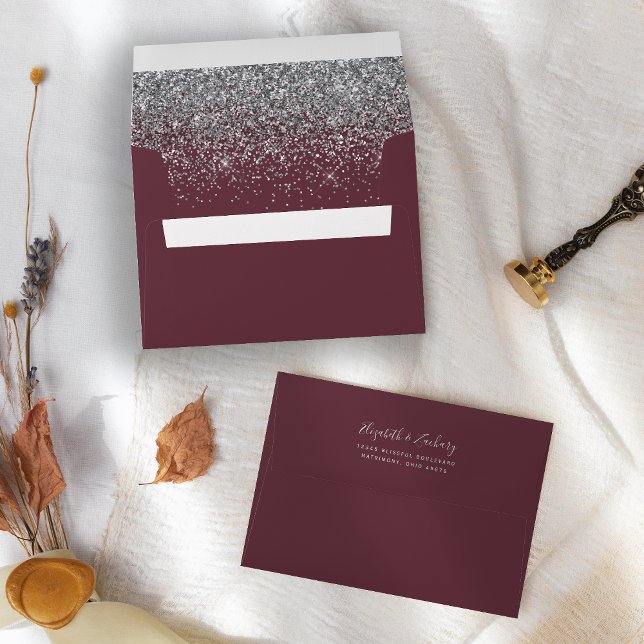 Modern Silver Glitter Burgundy Wedding Envelope (Creator Uploaded)