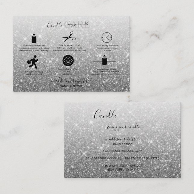 Modern Silver Glitter Candle Care   Business Card (Front/Back)