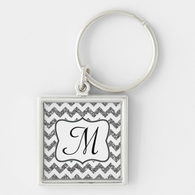 Modern Silver Glitter Chevron Zig Zag Key Chain (Front)