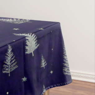 Modern Silver Glitter Christmas trees on blue Tablecloth