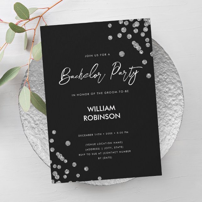 Modern Silver Glitter Confetti Bachelor Party  Invitation (Modern Silver Glitter Confetti Bachelor Party Invitation)