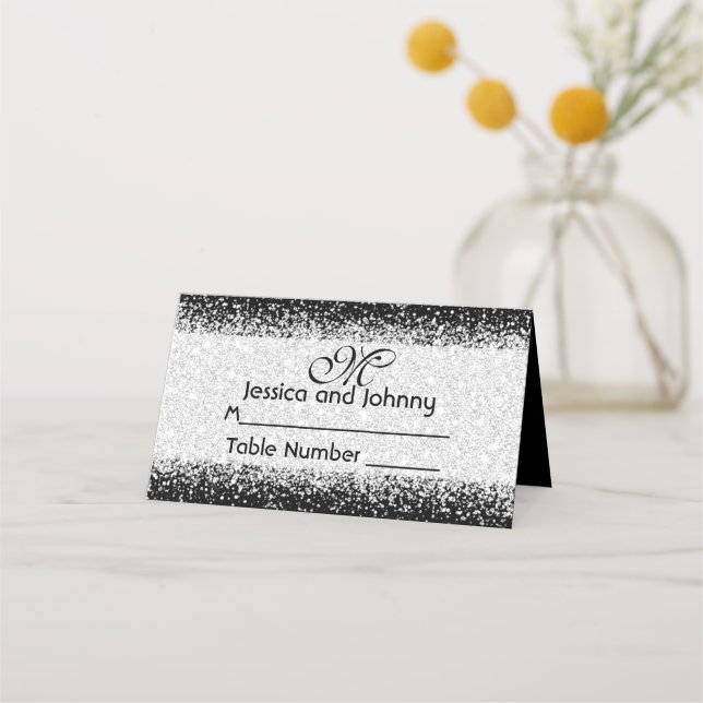 Modern Silver Glitter Confetti on Black Place Card (Front)
