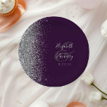Modern Silver Glitter Dark Purple Wedding Paper Plate<br><div class="desc">These elegant modern wedding plates feature a silver faux glitter edge. Easily customise the silver grey text on a dark purple background,  with the names of the bride and groom in whimsical handwriting calligraphy over a large ampersand.</div>