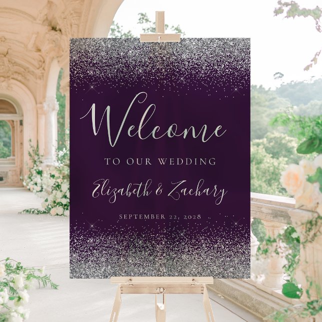 Modern Silver Glitter Dark Purple Wedding Welcome Acrylic Sign (Creator Uploaded)