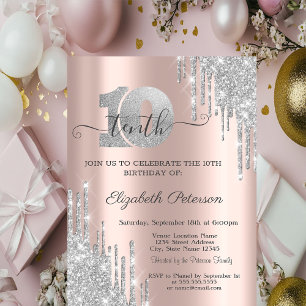 Modern Silver Glitter Drips 10th Birthday  Invitat Invitation