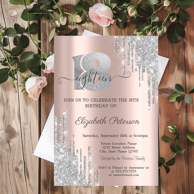 Modern Silver Glitter Drips 18th Birthday  Invitation (Creator Uploaded)