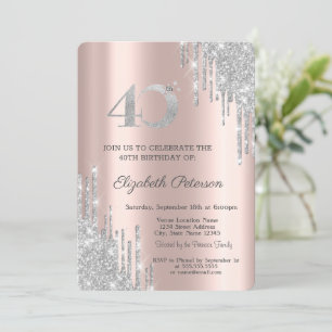 Modern Silver Glitter Drips 40th Birthday Invitation