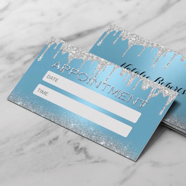 Modern Silver Glitter Drips Blue Salon & SPA Appointment Card (Creator Uploaded)
