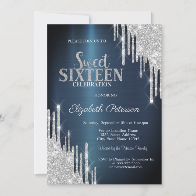 Modern Silver Glitter Drips Dark Blue Sweet 16 Invitation (Front)