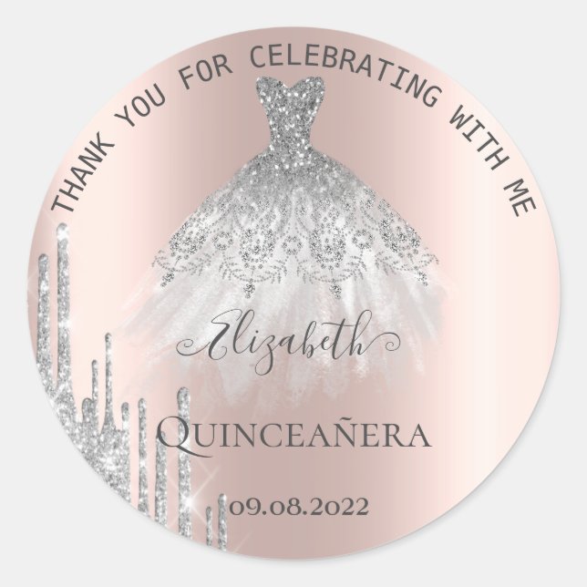 Modern Silver Glitter Drips Dress Quinceañera Classic Round Sticker (Front)