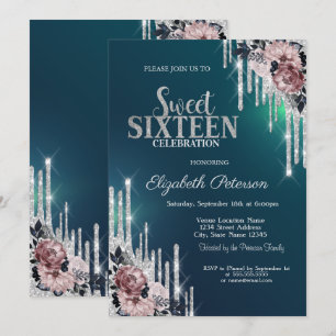 Modern Silver Glitter Drips Flowers Sweet 16  Invitation