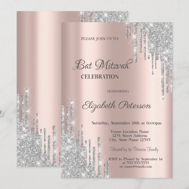 Modern Silver Glitter Drips Rose Gold Bar Mitzvah Invitation (Front/Back)