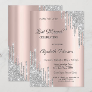 Modern Silver Glitter Drips Rose Gold Bar Mitzvah Invitation