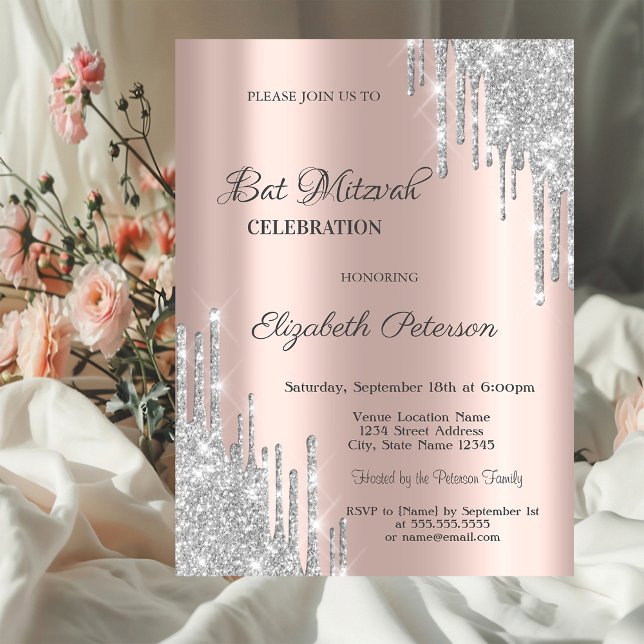 Modern Silver Glitter Drips Rose Gold Bar Mitzvah Invitation (Creator Uploaded)