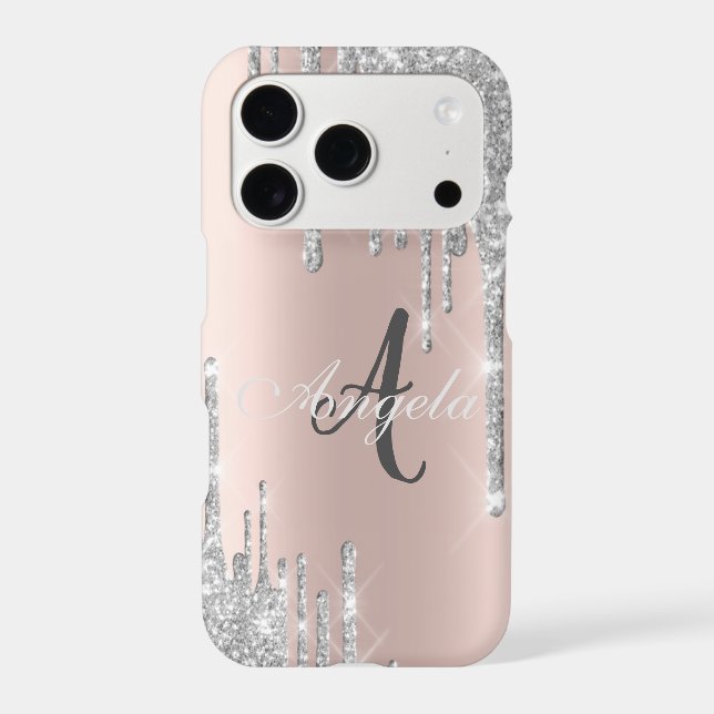 Modern Silver Glitter Drips, Rose Gold,Monogram (Back)