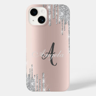 Modern Silver Glitter Drips, Rose Gold,Monogram Case-Mate iPhone 14 Case