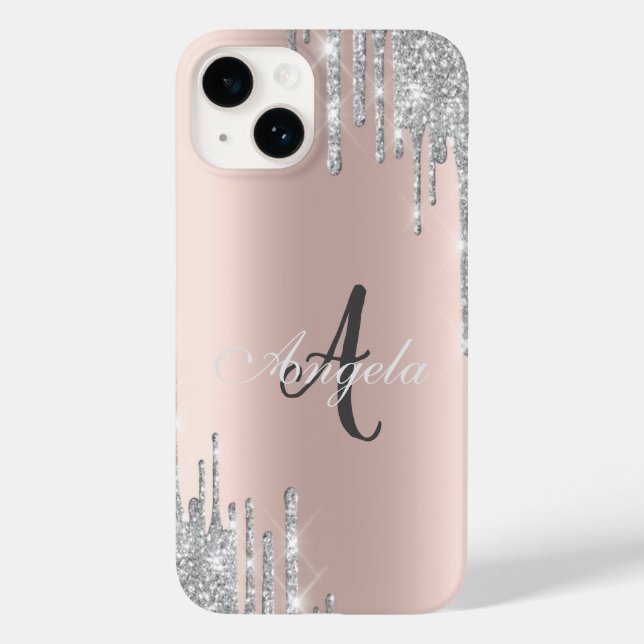 Modern Silver Glitter Drips, Rose Gold,Monogram Case-Mate iPhone Case (Back)