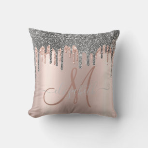 Modern Silver Glitter Drips Rose Gold  Monogram Cushion
