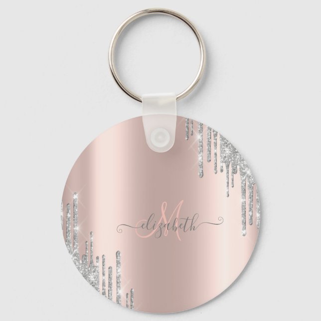 Modern Silver Glitter Drips Rose Gold Monogram   Key Ring (Front)
