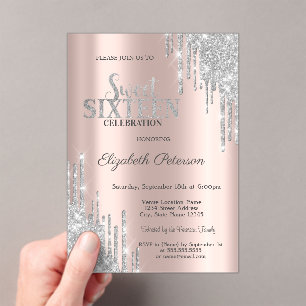 Modern Silver Glitter Drips Rose Gold  Sweet 16 Acrylic Invitations