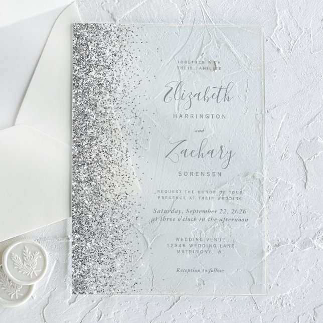 Modern Silver Glitter Edge Wedding Acrylic Invitations (Creator Uploaded)