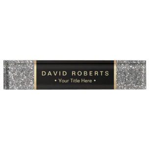 Modern Silver Glitter Elegant Black Label Nameplate