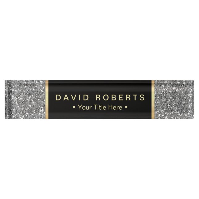 Modern Silver Glitter Elegant Black Label Nameplate (Front)