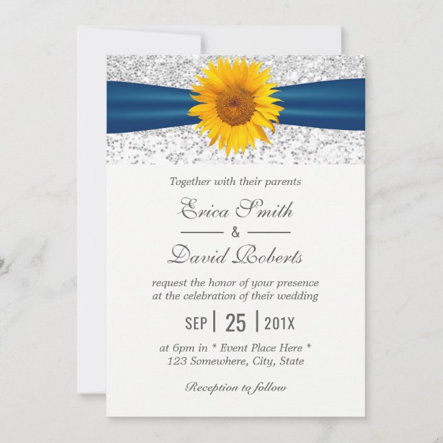 Modern Silver Glitter Elegant Sunflower Wedding Invitation (Front)