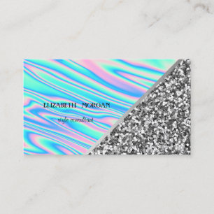 Modern Silver Glitter, Geometric, Holographic Business Card
