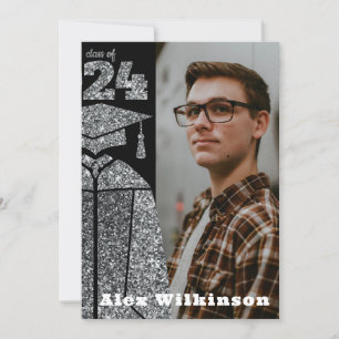 Modern Silver Glitter GRAD Cap Gown Graduation Invitation