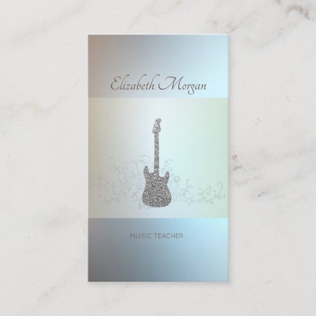 Modern,Silver Glitter Guitar, Music Teacher Business Card (Front)