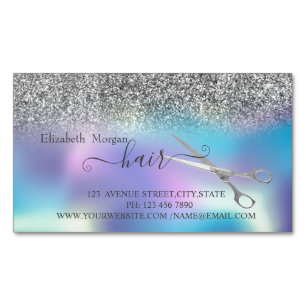 Modern Silver Glitter,Holographic,  Scissors Hair Magnetic Business Card