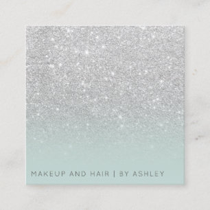 Modern silver glitter ice teal makeup professional square business card