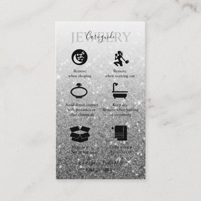 Modern Silver Glitter Jewellery Care  Business Car Card (Front)