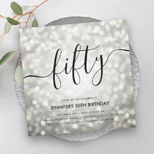 Modern Silver Glitter Lights 50th Birthday Invitation